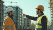 © uros - Men engineers architects on a construction site with safety helmets. Male adult team managing a building project, talking. Business development, employees working on blueprint plan design, occupation