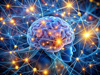 Wall Mural - 3d illustration of human brain with glowing connection lines over dark background