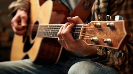 Person playing an acoustic guitar, with the focus on the hands and instrument