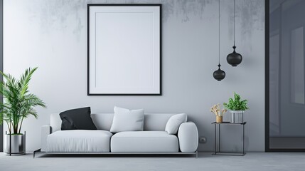 Wall Mural - Minimal Living Room Interior Design with Blank Frame, Light Beige Colors, Cozy Sofa, and Winter Forest View