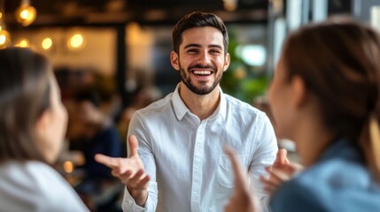 Fototapete - Newly launched entrepreneur enthusiastically explaining a concept to a group of investors.