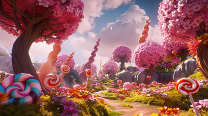 Wall Mural - A whimsical candy forest with giant lollipops, chocolate trees and marshmallow clouds