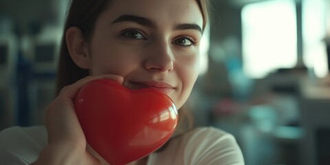 A woman holds a red heart over her face, conveying emotions