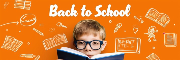 A boy with glasses reading a book on an orange background with the words welcome to school, a banner with space for your text