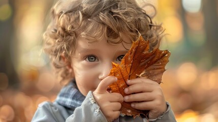 boy with cute eyes covering his face with a leaf