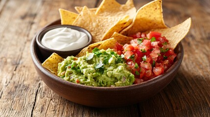 A bowl of chips with a side of homemade guacamole, salsa, and sour cream, presented on a rustic wooden table