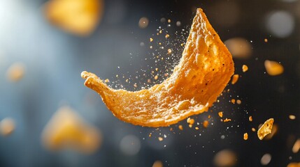 Wall Mural - A close up shot of a chip breaking in half, with crumbs flying in the air, captured in high detail