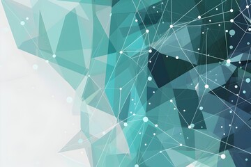 A vector graphic background with geometric shapes and lines in shades of blue, green, gray, white, and light teal. The design includes polygonal patterns, connected dots, and straight line motifs that