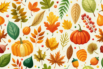 Sticker - assortment of autumn elements such as pumpkins, leaves, acorns, and berries are scattered across a light background