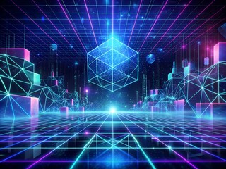 Wall Mural - 3d rendering of a cube with a network on the background futuristic technology background with glowin