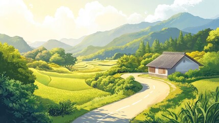 Bright cartoon depiction of the Japanese countryside featuring a Muji style house, a winding road, lush rice fields, and mountain ranges, bathed in warm sunlight and a gentle breeze.