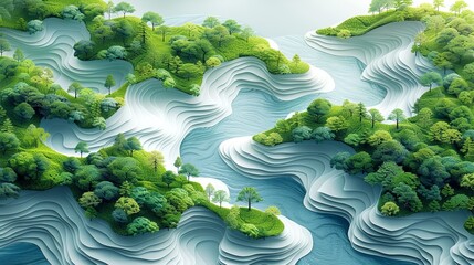 Poster - Abstract aerial background featuring serene bodies of water and lush green landscapes, highlighted in shades of white, blue, and green for a refreshing design. high resolution Illustration, in the