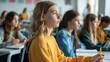 © liliyabatyrova - A girl in a yellow shirt is sitting in a classroom with other students