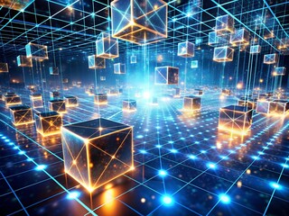 Wall Mural - 3d rendering of a cube with a network on the background futuristic technology background with glowin