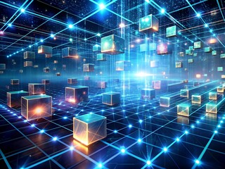 Wall Mural - 3d rendering of a cube with a network on the background futuristic technology background with glowin