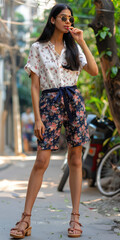 Wall Mural - Blue Bermuda shorts paired with sandals a classic summer ensemble for a day out