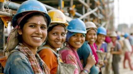 Group of several happy women doing construction work at construction site