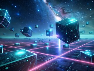 Wall Mural - 3d rendering of a cube with a network on the background futuristic technology background with glowin