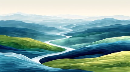 Wall Mural - Abstract aerial background showcasing vibrant rivers winding through natural landscapes in shades of blue, green, and white, creating a tranquil and visually appealing design. high resolution