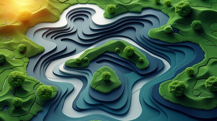 Wall Mural - Abstract aerial background showcasing vibrant rivers winding through natural landscapes in shades of blue, green, and white, creating a tranquil and visually appealing design. high resolution