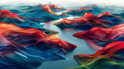 Sticker - Abstract aerial background with colorful bodies of water and surrounding landscapes in shades of red, blue, and green ideal for diverse creative projects. high resolution Illustration, in the style