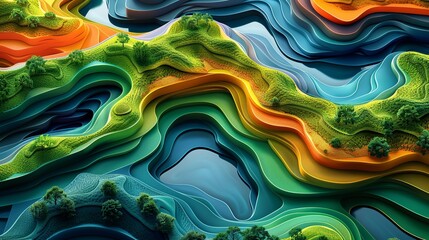 Poster - Captivating aerial abstract background showcasing colorful natural landscapes and bodies of water in shades of green, orange, and blue perfect for creative projects. high resolution Illustration, in