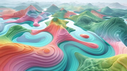 Wall Mural - Abstract aerial background with colorful bodies of water and surrounding landscapes in shades of pink, green, and orange providing a lively and vibrant composition. high resolution Illustration, in