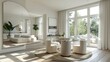 © I Am The Future - Minimalist dining room with round glass table, white chairs, large mirror.