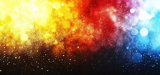 Poster - An abstract abstract shape with glowing colors on a grainy color gradient background, in orange, purple, blue, yellow, and pink, on a black noise texture, copy space