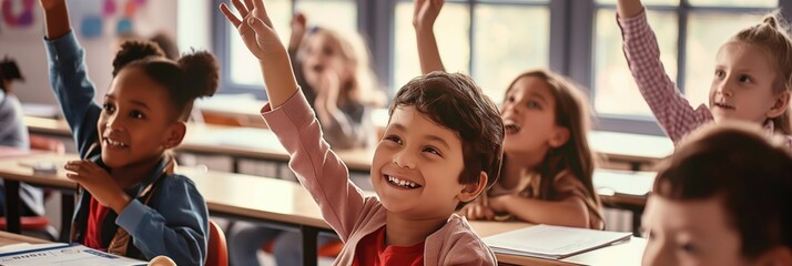 Children smiling and stretching their hands up in a school classroom