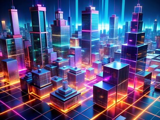 Wall Mural - 3d render of futuristic city with neon lights. 3d illustration