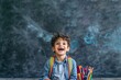 © Dina - Back to school. Young boy of Middle Eastern descent looking excited as he sits on the floor with new school supplies spread around him, minimal style with copy space. First day. Private and public.