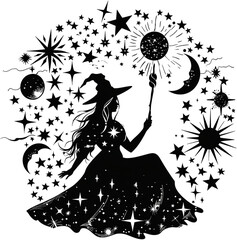 Wall Mural - A witch is sitting in the middle of a starry sky. She is holding a wand and is surrounded by many stars