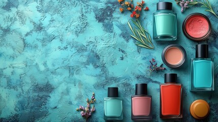 Sticker - travel-size cosmetics, clean arrangement, flat design illustration, no logo, no trademark, no text, 