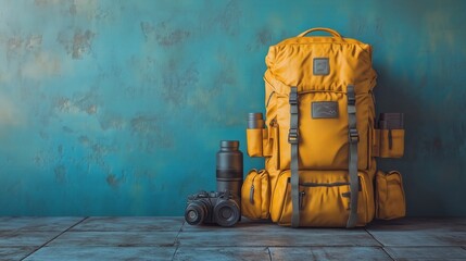 Wall Mural - Travel backpack with gear, clean design, flat design illustration, No logo, No Trademark, No text, minimal concept with copy space for stock photo