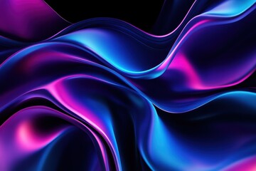 Poster - Abstract dark glowing vibrant neon background with smooth flowing shapes and waves in purple and blue gradient tones.