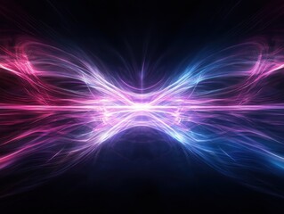 Fototapete - Abstract neon light waves of blue and pink on a dark background, creating a futuristic and dynamic energy flow design.