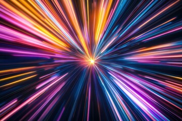 Poster - Vibrant abstract light streaks radiating from a central point, showcasing dynamic colors and energy. Perfect for backgrounds and creative designs.