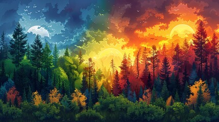 Dynamic scene showing a vibrant forest transitioning through the seasons from lush green summer to fiery autumn, symbolizing the impact of climate change on nature. high resolution Illustration, in