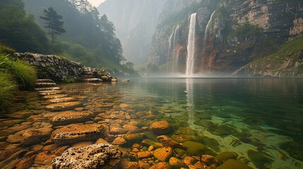 Wall Mural - Mesmerizing photograph of a serene waterfall cascading into a clear pool, contrasted with a smoky haze from nearby wildfires, highlighting environmental changes and their impact. high resolution