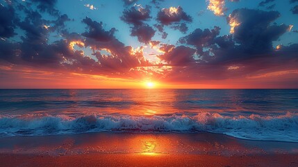 Poster - Dramatic photograph of a summer sunset over an ocean beach with a foreboding sky, capturing the beauty and the looming threat of climate change to coastal environments. high resolution Illustration,