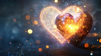 Poster - Glittering heart with radiant particles on dark backdrop, copy space
