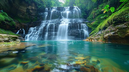 Poster - Captivating photo of a waterfall flowing into a tranquil river, surrounded by lush greenery, emphasizing the delicate balance of nature amidst changing environmental conditions. high resolution