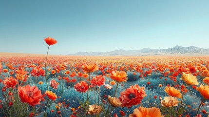 Poster - Stunning scene of a vibrant field of flowers under a clear blue sky, transitioning to a drought-stricken landscape, highlighting the effects of climate change on flora. high resolution Illustration,