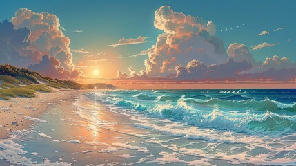 Wall Mural - Captivating scene of a beach with gentle waves and a bright sun, contrasted with storm clouds on the horizon, reflecting the beauty and vulnerability of coastal ecosystems. high resolution