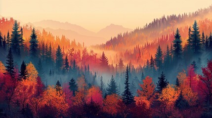 Wall Mural - Captivating image of a forest in autumn with vibrant colors and a backdrop of smoky haze, highlighting the impact of climate change on seasonal changes and air quality. high resolution Illustration,