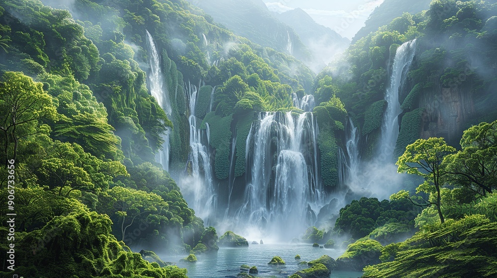 Waterfall Climate Dramatic scene of a waterfall surrounded by lush greenery with a mix of ...
