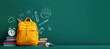 © Alina Zavhorodnii - Yellow school backpack with books and pencils on the background of a green school blackboard with space for your text