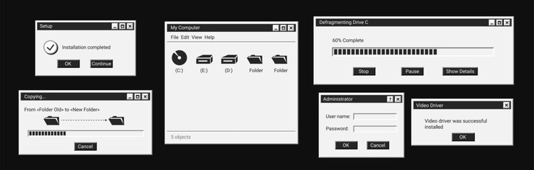 Set of digital message in black style. Old dark computer windows. Retro explorer on screen.