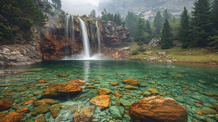 Wall Mural - Mesmerizing photograph of a serene waterfall flowing into a clear pool with a backdrop of smoky haze from nearby fires, illustrating the impact of climate change on natural water sources. high